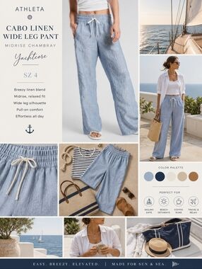 Sz 4 Athleta 4 Cabo Linen Wide Leg Pant Midrise Chambray Yachtcore
